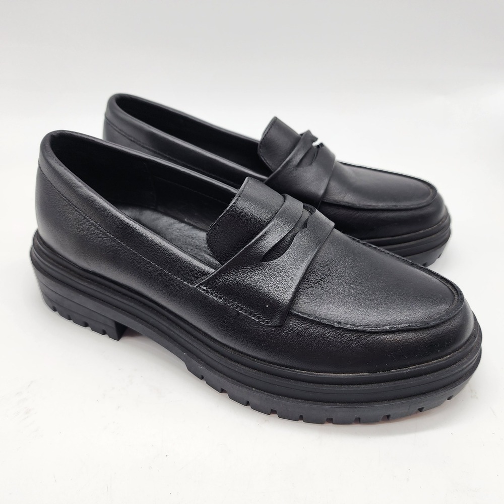 Quince Italian Leather Lug Sole Loafers Women's 5 Black Slip On Platform Shoes